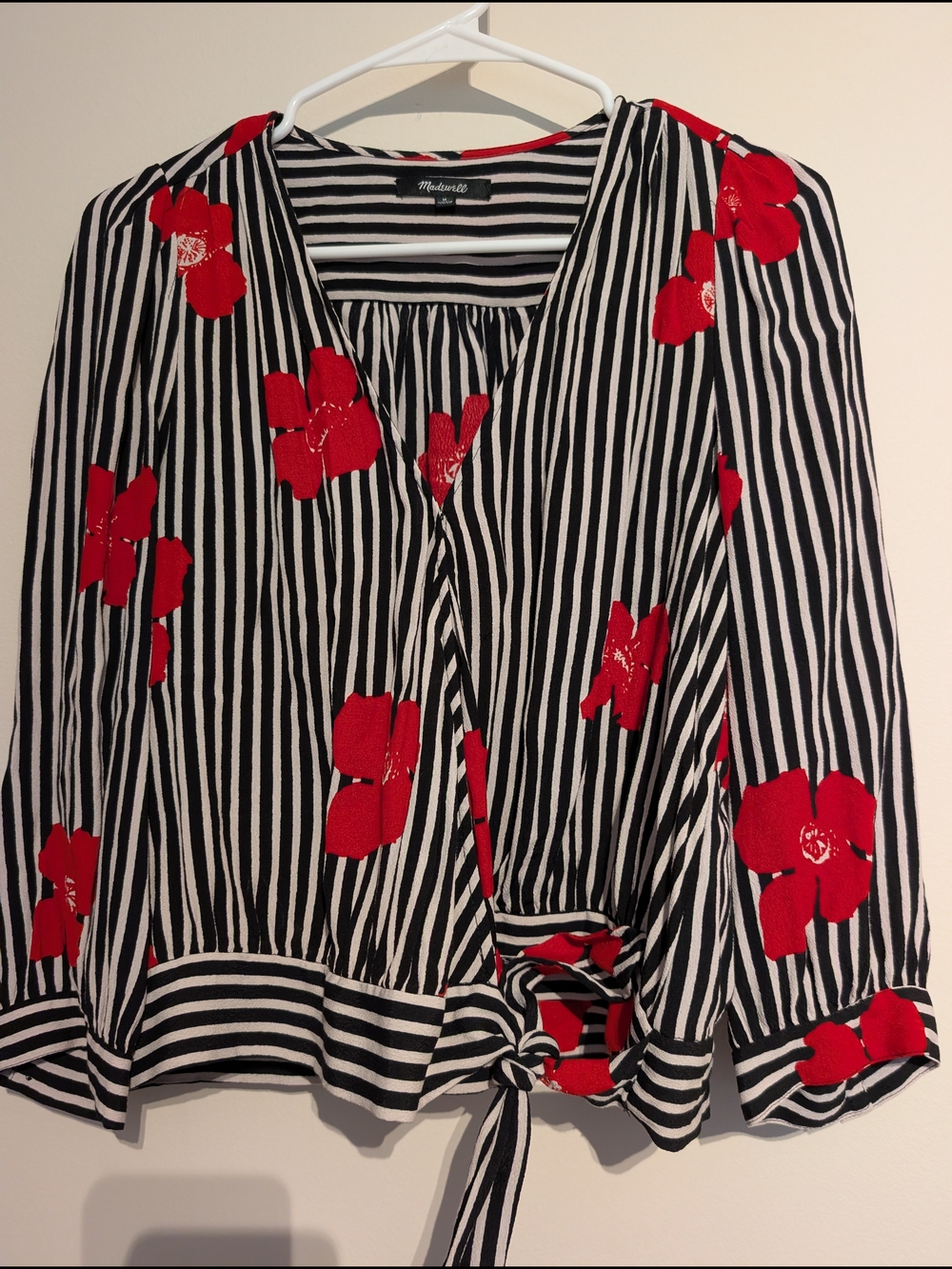 Madewell Black & White Striped Wrap Blouse with Red Floral Accents